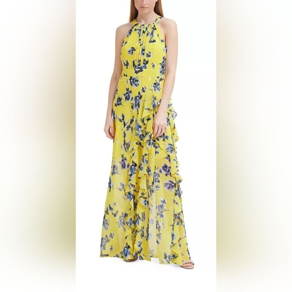 Eliza J Sleeveless Chiffon Floral Maxi Gown NWT Size 2 Yellow And Blue